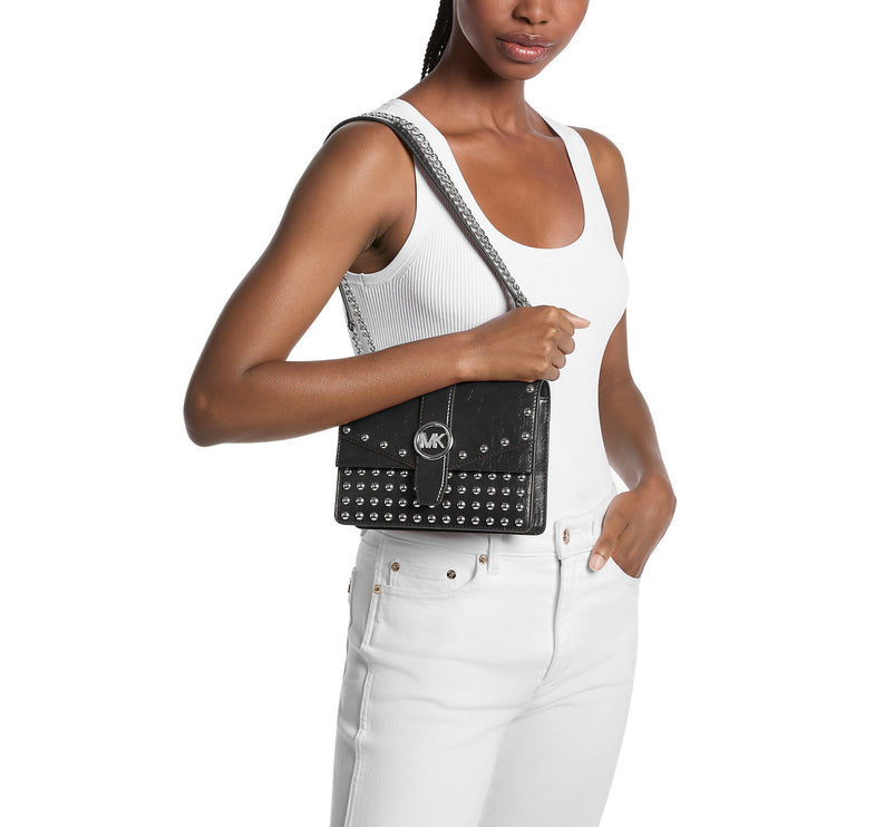 Michael Kors Women's Greenwich Small Studded Distressed Crossbody Bag Silver/Black