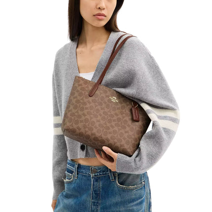 Coach Women's Fiona Zip Tote Bag In Signature Canvas Gold/Tan/Brown