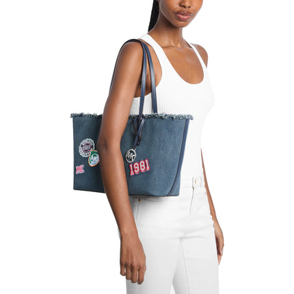 Michael Kors Women's Avalon Medium Embellished Denim Convertible Tote Bag Washed Denim
