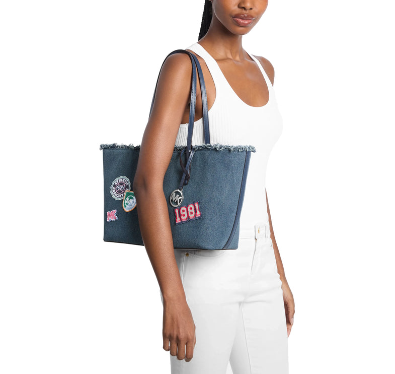 Michael Kors Women's Avalon Medium Embellished Denim Convertible Tote Bag Washed Denim