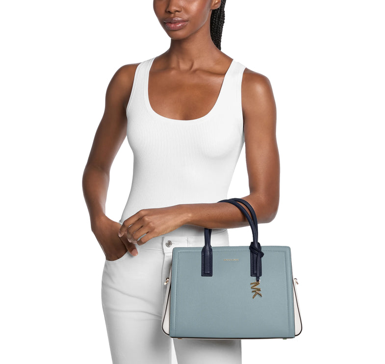 Michael Kors Women's Laila Medium Color-Block Pebbled Leather Satchel Chambray Multi