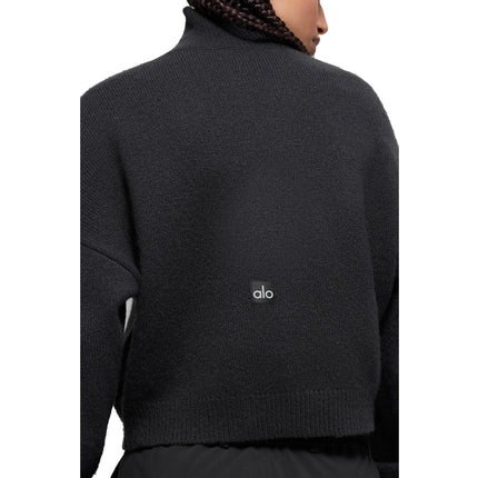 alo Women's Wool Cashmere Cropped New Class Turtleneck Sweater Black