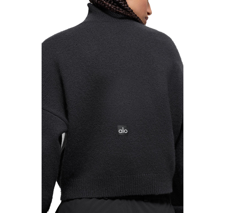 alo Women's Wool Cashmere Cropped New Class Turtleneck Sweater Black