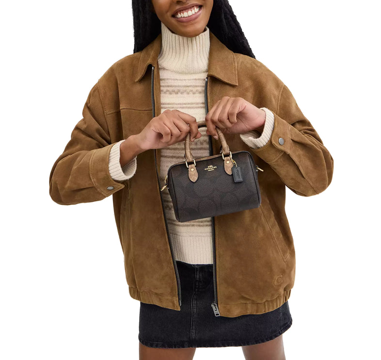 Coach Women's Mini Rowan Crossbody Bag In Blocked Signature Canvas Gold/Walnut/Tan