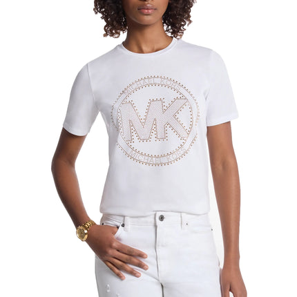 Michael Kors Women's Studded Logo Charm Organic Cotton Jersey T-Shirt White
