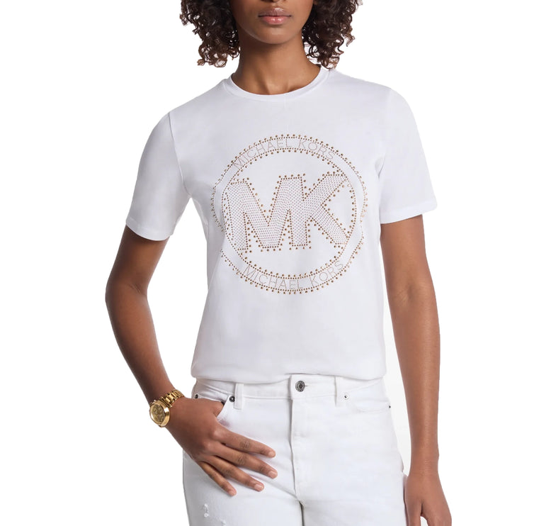 Michael Kors Women's Studded Logo Charm Organic Cotton Jersey T-Shirt White