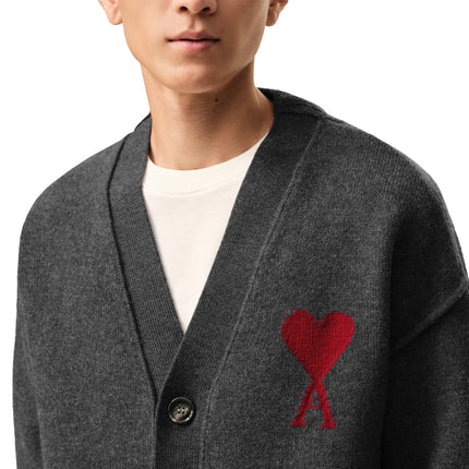 AMI Alexandre Mattiussi Unisex Ami de Coeur Wool Cardigan Heather Grey/Red
