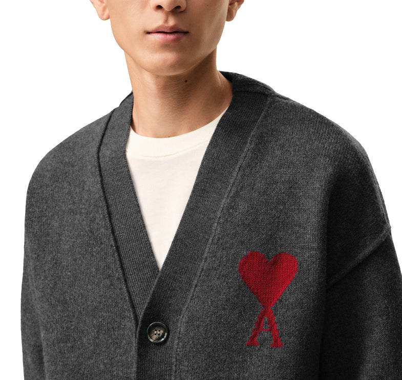 AMI Alexandre Mattiussi Unisex Ami de Coeur Wool Cardigan Heather Grey/Red