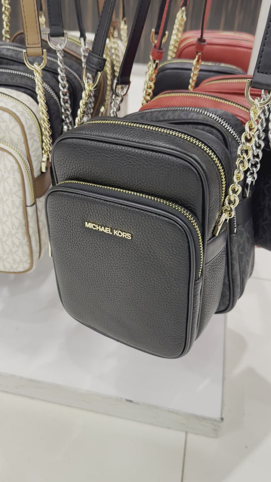 Michael Kors Women's Jet Set Travel Medium Saffiano Leather Crossbody Bag Black Gold - Özel İndirim