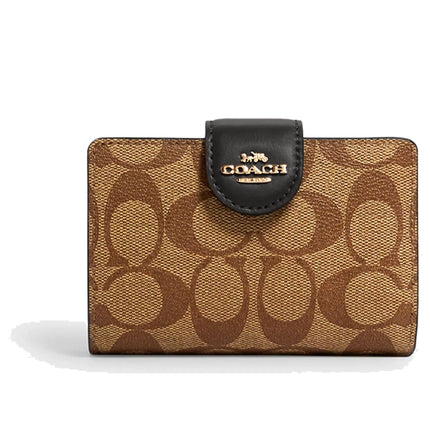 Coach Women's Medium Corner Zip Wallet In Signature Canvas Gold/Khaki/Black