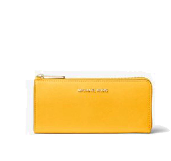 Michael Kors Women's Jet Set Travel Large Saffiano Leather Quarter Zip Wallet Jasmine Yellow