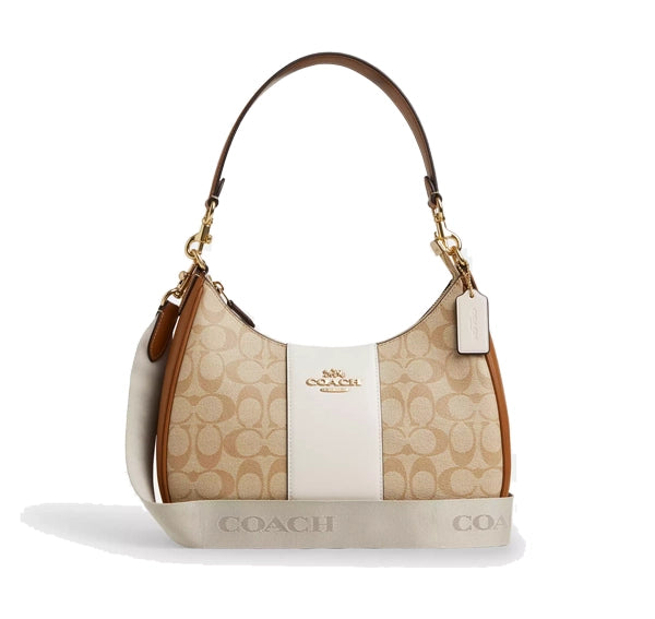 Coach Women's Teri Hobo In Signature Canvas With Stripe Gold/Light Khaki/Chalk Lt Saddle - Hemen Kargoda