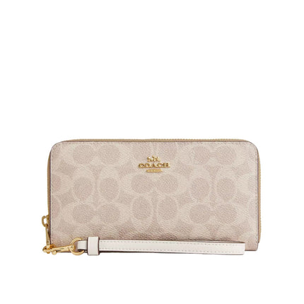 Coach Women's Long Zip Around Wallet In Signature Canvas Gold/Sand/Chalk
