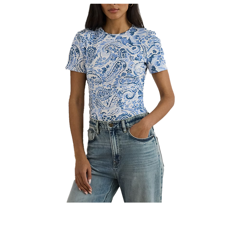 Polo Ralph Lauren Women's Paisley Stretch Cotton Crewneck Tee White/Blue