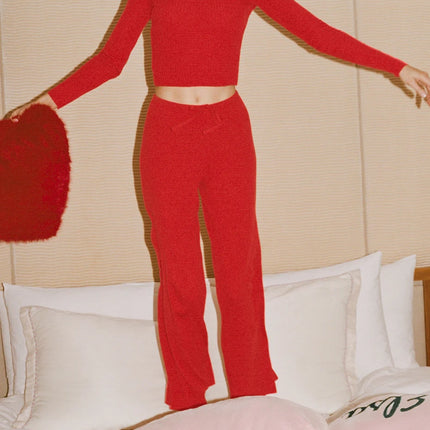 alo Women's Sweater Knit Mid-Rise Unwind Wide Leg Pant Bright Red
