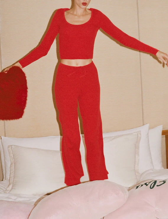 alo Women's Sweater Knit Mid-Rise Unwind Wide Leg Pant Bright Red