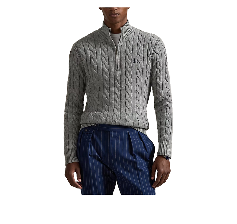 Polo Ralph Lauren Men's Cable-Knit Cotton Quarter-Zip Sweater Fawn Grey Heather