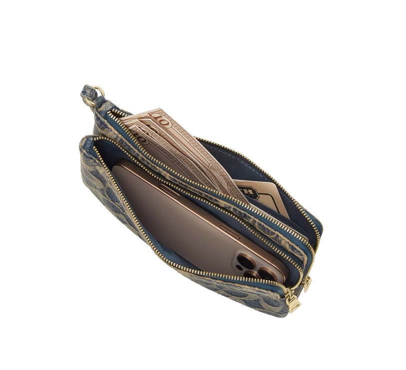 Coach Women's Double Zip Wristlet In Signature Regenerative Cotton Denim Gold/Denim