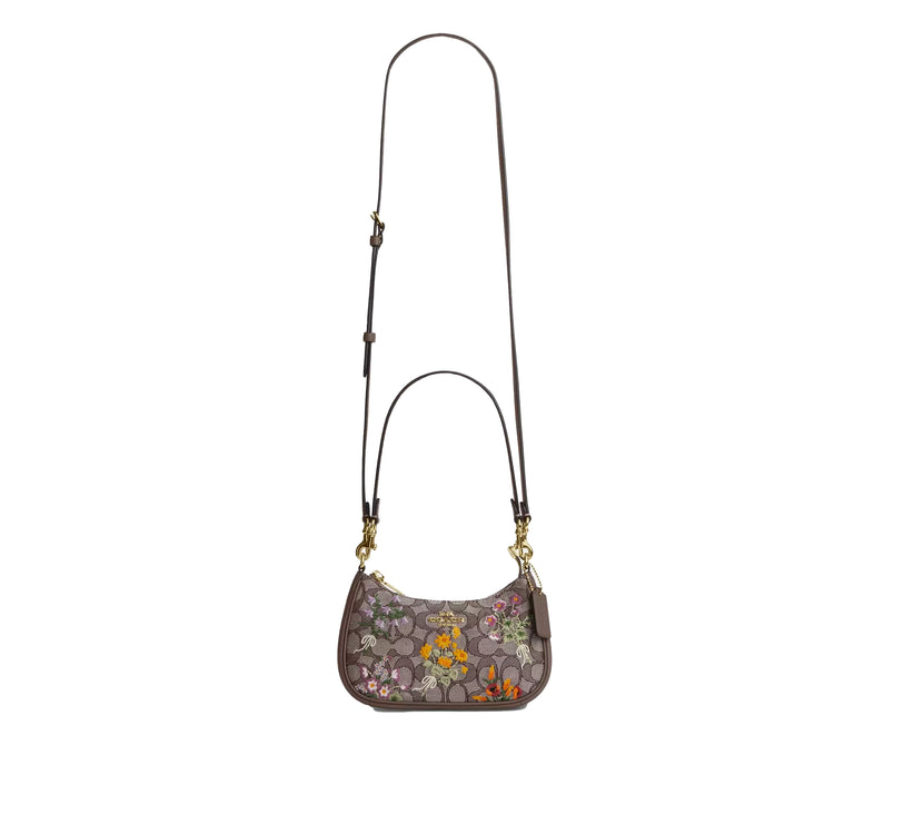 Coach Women's Teri Mini Crossbody Bag In Signature Jacquard With Floral Embroidery Gold/Oak Multi