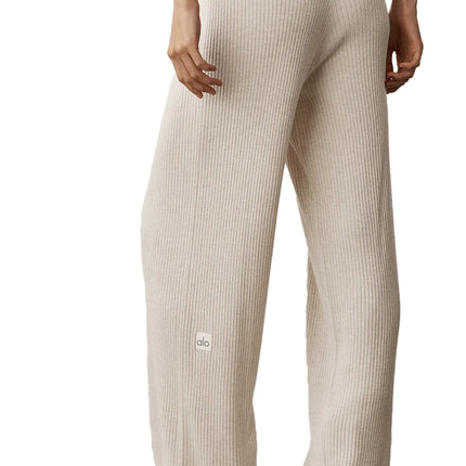 alo Women's Sweater Knit Mid-Rise Unwind Wide Leg Pant Oatmeal Heather