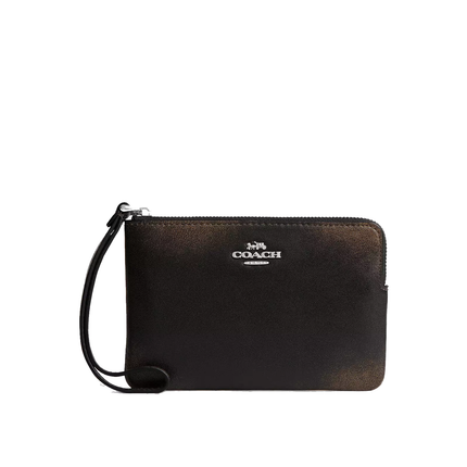 Coach Women's Corner Zip Wristlet In Loved Leather Silver/Black Brown