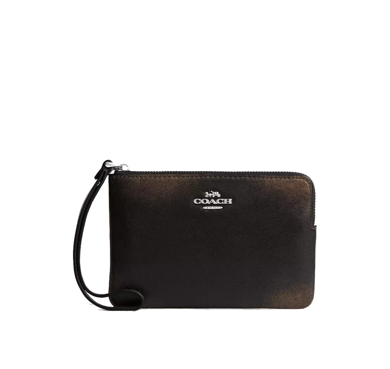 Coach Women's Corner Zip Wristlet In Loved Leather Silver/Black Brown