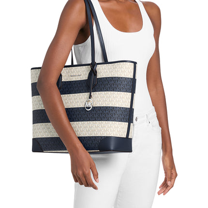 Michael Kors Women's Eva Large Striped Signature Logo Tote Bag Navy/Silver
