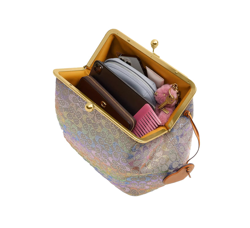 Coach Women's Large Kisslock Frame Bag In Crystal Signature Jacquard Brass/Rainbow Multi