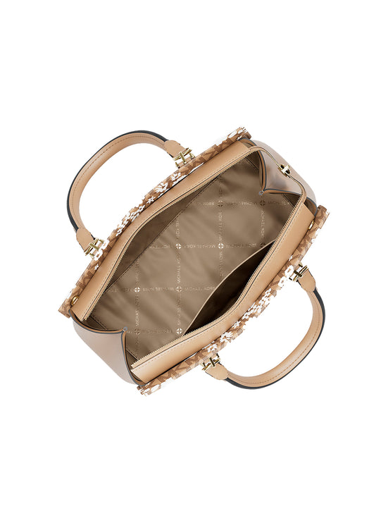 Michael Kors Women's Marilyn Medium Printed Signature Logo Satchel Bag Camel/Gold