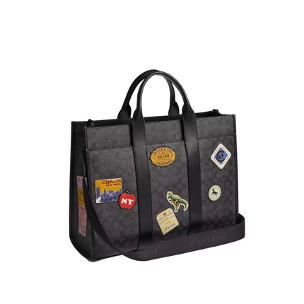 Coach Unisex Wesley Tote In Signature Canvas With Patches Charcoal Multi