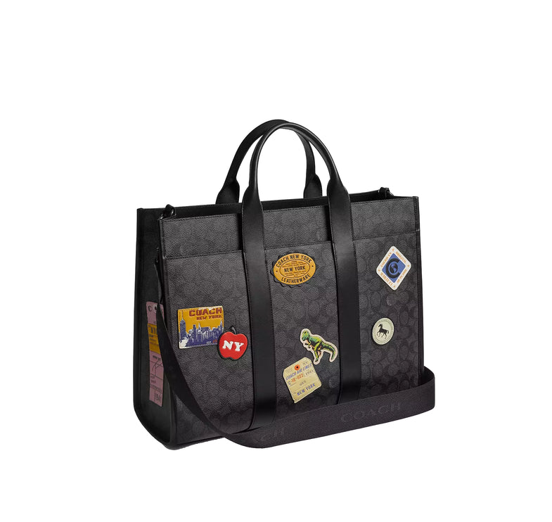 Coach Unisex Wesley Tote In Signature Canvas With Patches Charcoal Multi