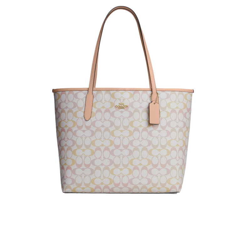 Coach Women's City Tote Bag In Pretty Signature Canvas Gold/Chalk/Pink