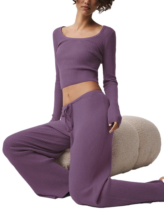 alo Women's Sweater Knit Mid-Rise Unwind Wide Leg Pant Plum Kiss