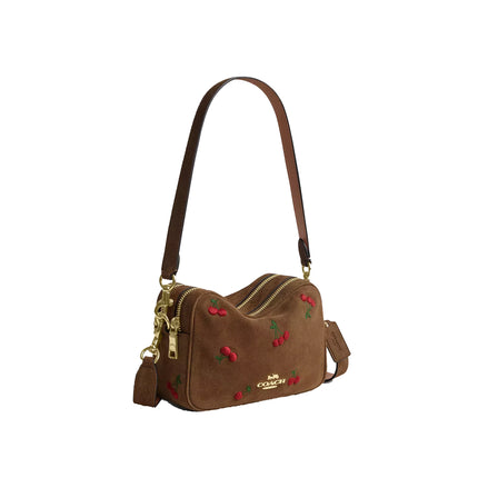 Coach Women's Mini Carey Crossbody Bag With Cherry Embroidery Suede/Gold/Cedar Multi