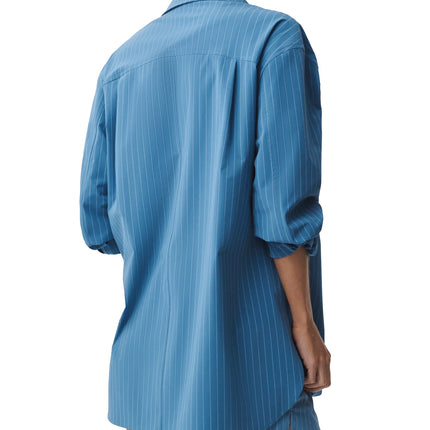alo Women's Pinstripe Daylight Button Down Long Sleeve California Blue/White