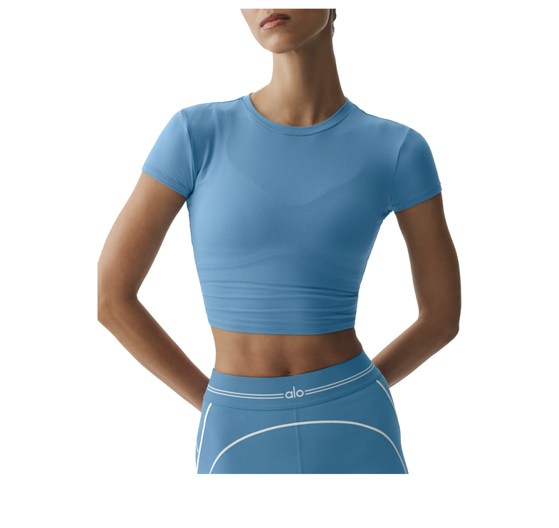 alo Women's Alosoft Crop Finesse Short Sleeve California Blue