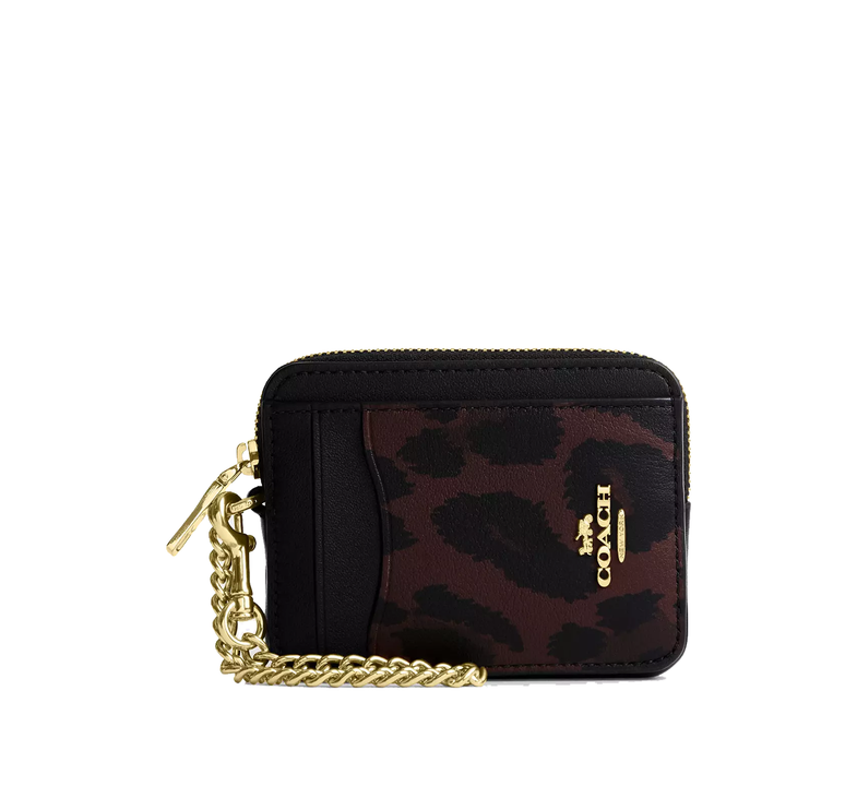 Coach Women's Zip Card Case With Leopard Print Gold/Dark Leopard