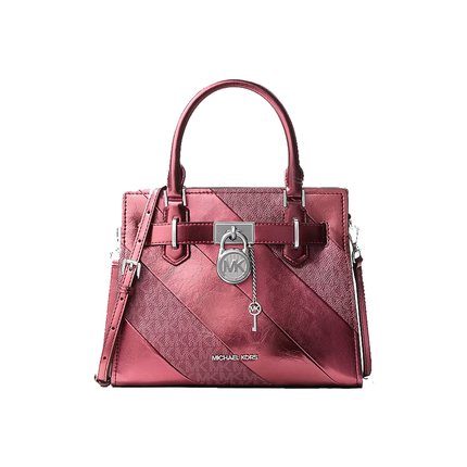 Michael Kors Women's Landon Small Metallic and Signature Logo Satchel Maroon/Silver