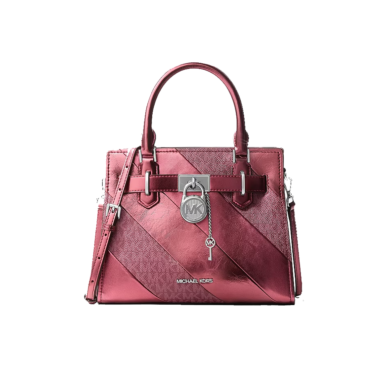 Michael Kors Women's Landon Small Metallic and Signature Logo Satchel Maroon/Silver