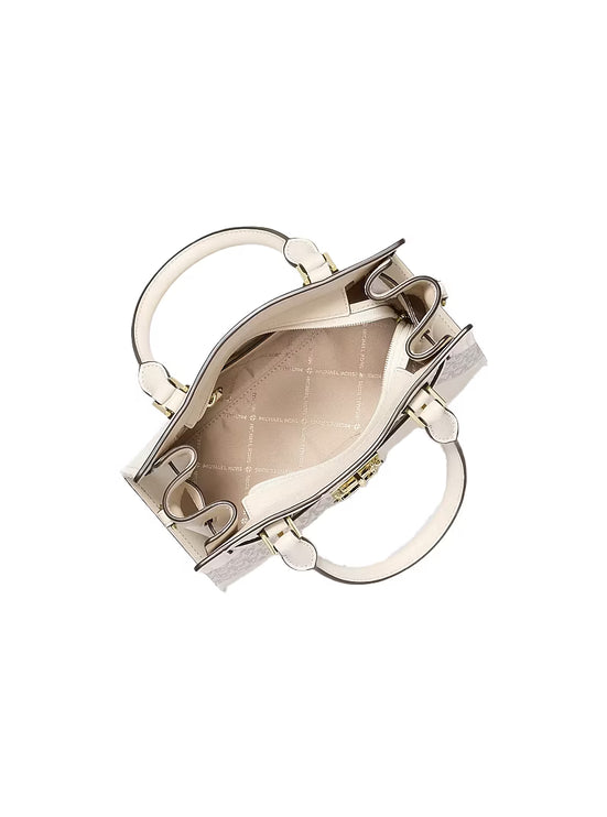 Michael Kors Women's Landon Small Signature Logo Satchel Bag Light Cream Multi/Gold