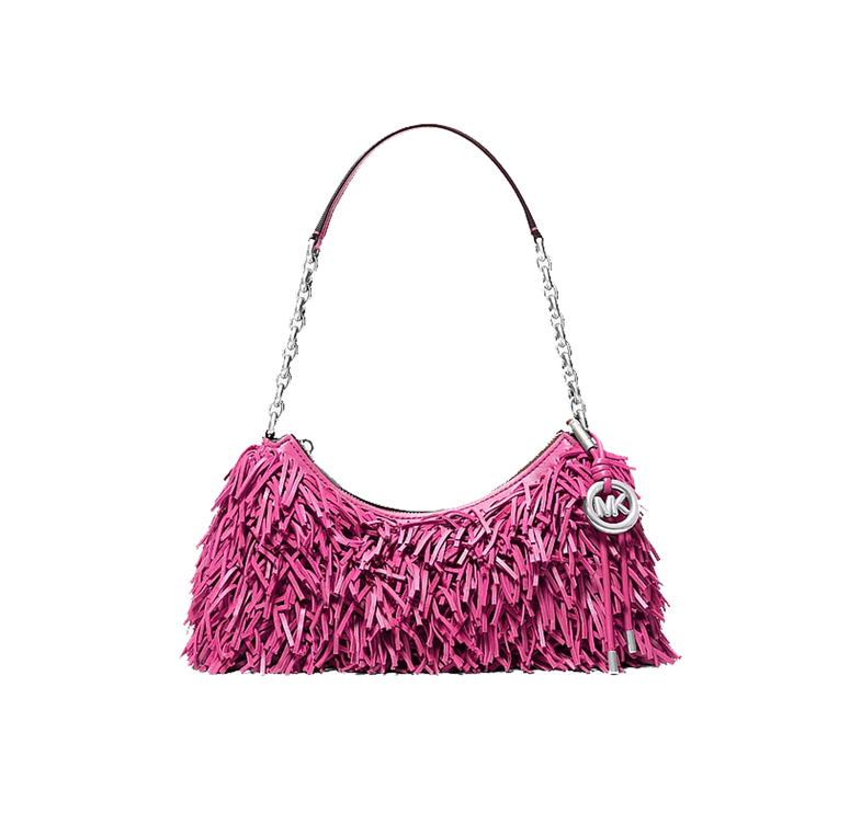 Michael Kors Women's Nolita Medium Fringed Leather Pochette Raspberry/Silver