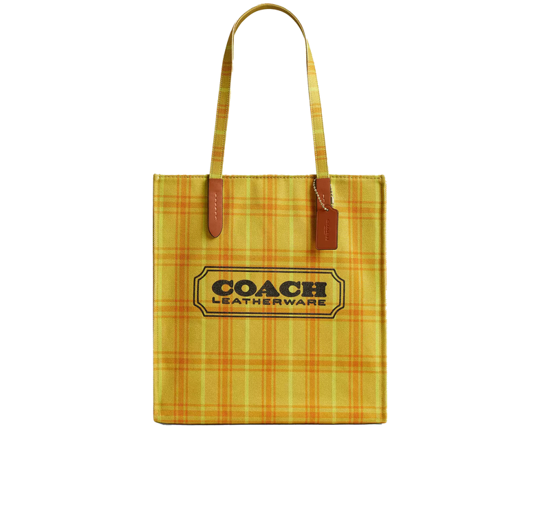 Coach Women's Canvas Tote Bag With Plaid Print Gold/Burnished Amber