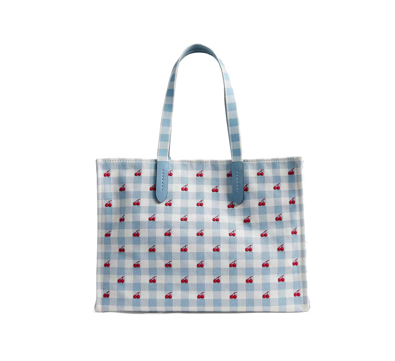Coach Women's Tote Bag With Gingham Print Gold/Blue Multi