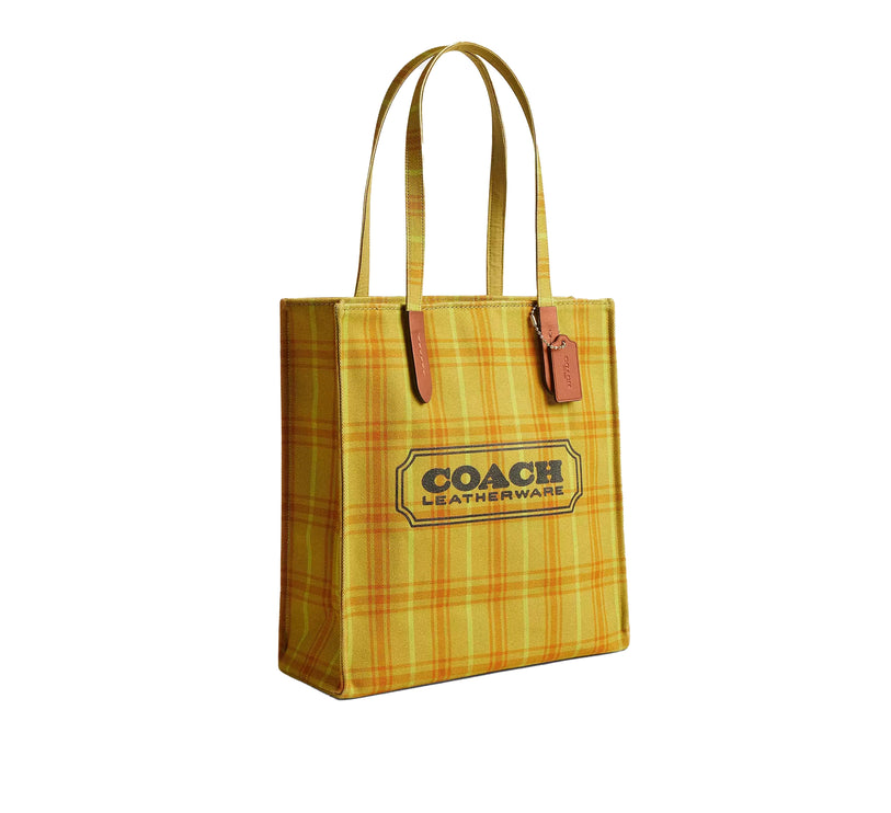 Coach Women's Canvas Tote Bag With Plaid Print Gold/Burnished Amber