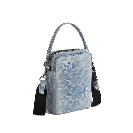 Coach Unisex Tristan Crossbody Bag 14 In Loved Signature Denim With Charms Silver/Light Indigo