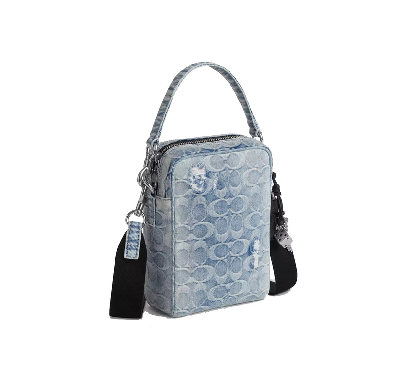 Coach Unisex Tristan Crossbody Bag 14 In Loved Signature Denim With Charms Silver/Light Indigo