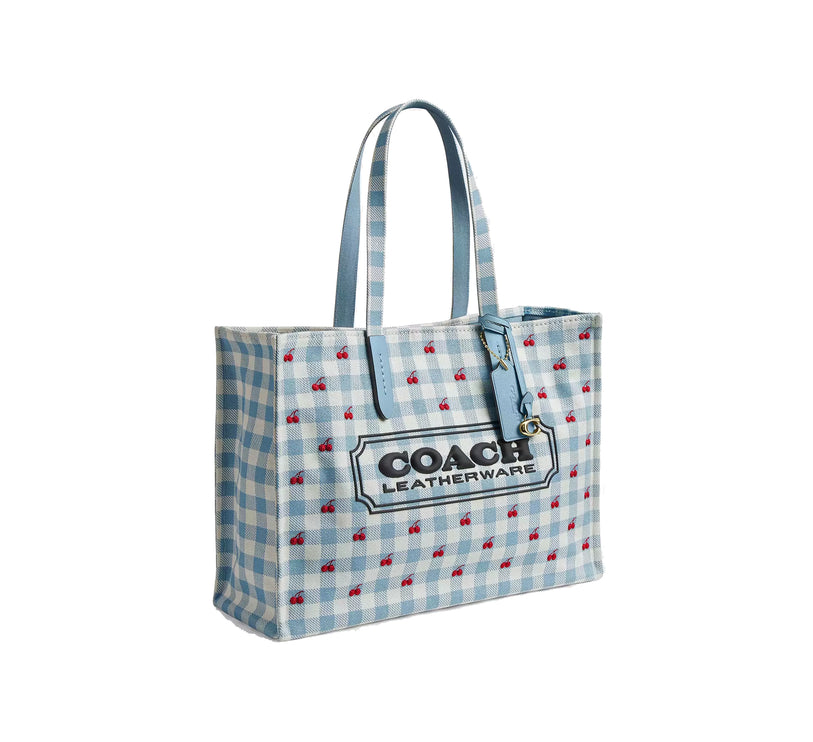 Coach Women's Tote Bag With Gingham Print Gold/Blue Multi