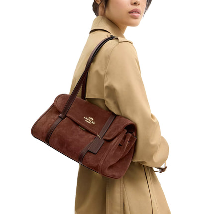 Coach Women's Bridget Flap Shoulder Bag Suede/Gold/Vintage Brown/Maple