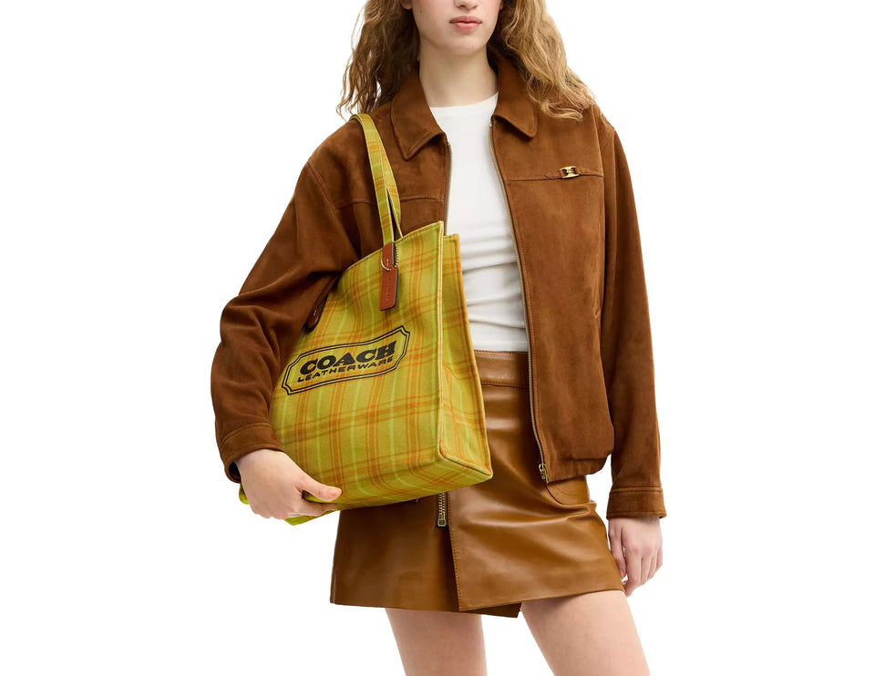 Coach Women's Canvas Tote Bag With Plaid Print Gold/Burnished Amber