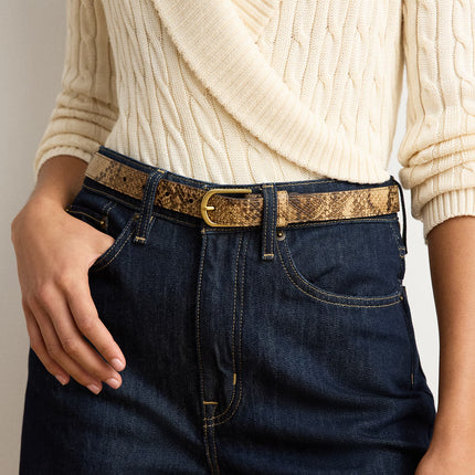 Polo Ralph Lauren Women's Rounded-Buckle Embossed Skinny Belt Tan Multi